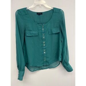 Mine Green Top Blouse Sheer Button Small